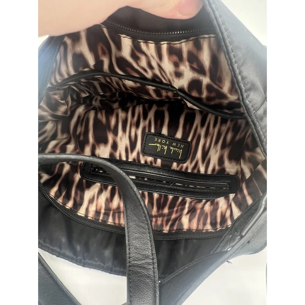 Nicole Miller New York Black Quilted Nylon Shoulder Bag Hobo Leopard Lining